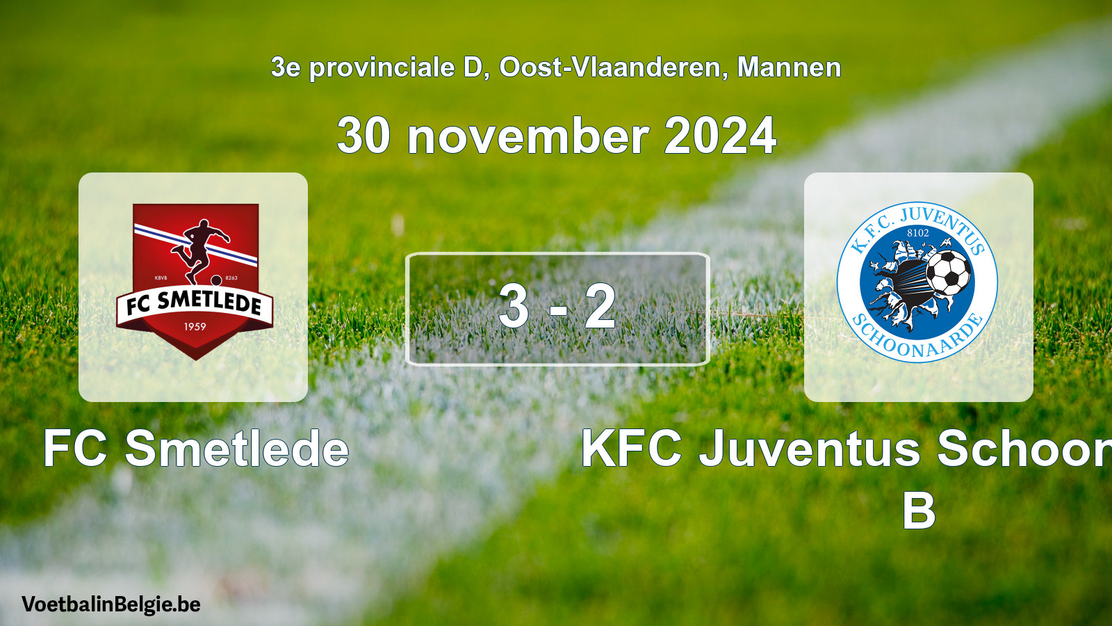 Gespeelde wedstrijd mannenvoetbal: FC Smetlede - KFC Juventus Schoonaarde B 3 - 2 (30 november 2024)