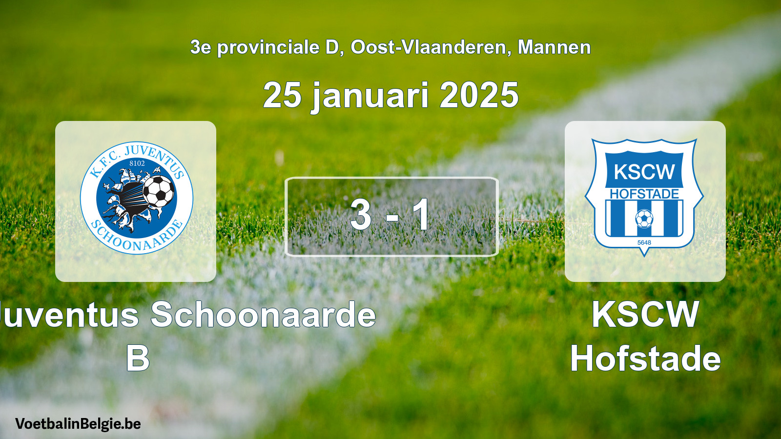 Gespeelde wedstrijd mannenvoetbal: KFC Juventus Schoonaarde B - KSCW Hofstade 3 - 1 (25 januari 2025)