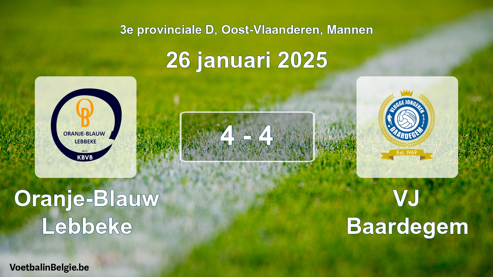 Gespeelde wedstrijd mannenvoetbal: Oranje-Blauw Lebbeke - VJ Baardegem 4 - 4 (26 januari 2025)