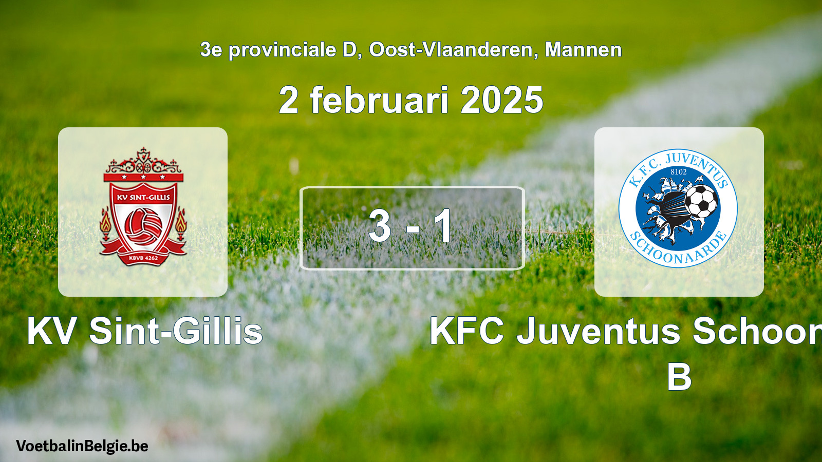 Gespeelde wedstrijd mannenvoetbal: KV Sint-Gillis - KFC Juventus Schoonaarde B 3 - 1 (2 februari 2025)