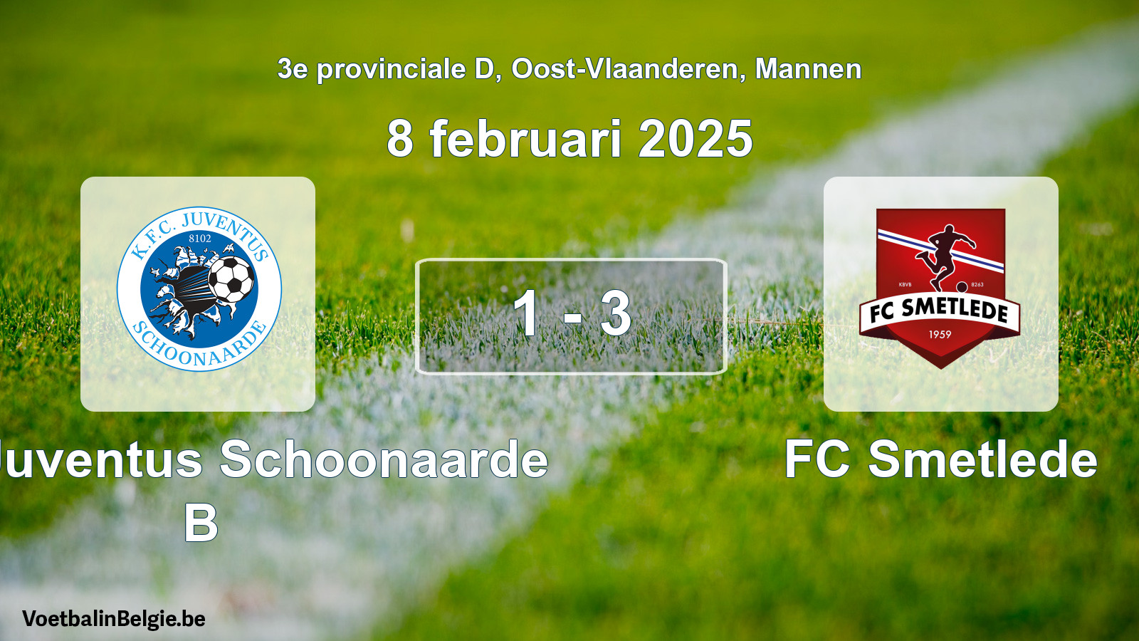 Gespeelde wedstrijd mannenvoetbal: KFC Juventus Schoonaarde B - FC Smetlede 1 - 3 (8 februari 2025)