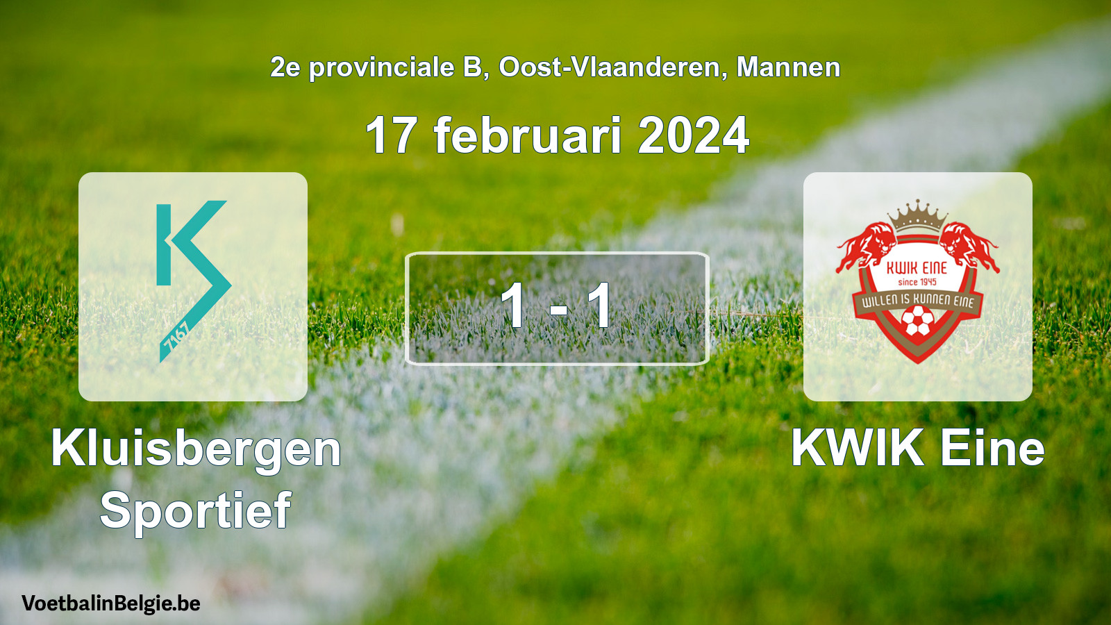 Gespeelde wedstrijd mannenvoetbal: Kluisbergen Sportief - KWIK Eine 1 - 1 (17 februari 2024)
