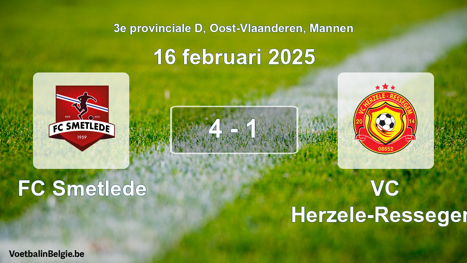Gespeelde wedstrijd mannenvoetbal: FC Smetlede - VC Herzele-Ressegem 4 - 1 (16 februari 2025)