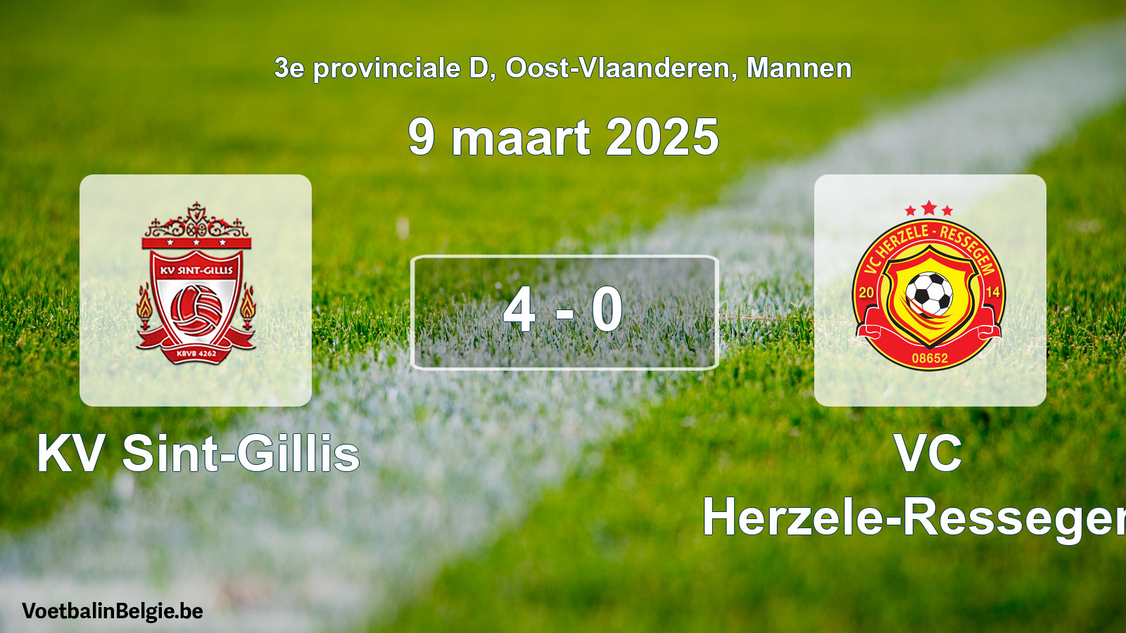 Gespeelde wedstrijd mannenvoetbal: KV Sint-Gillis - VC Herzele-Ressegem 4 - 0 (9 maart 2025)