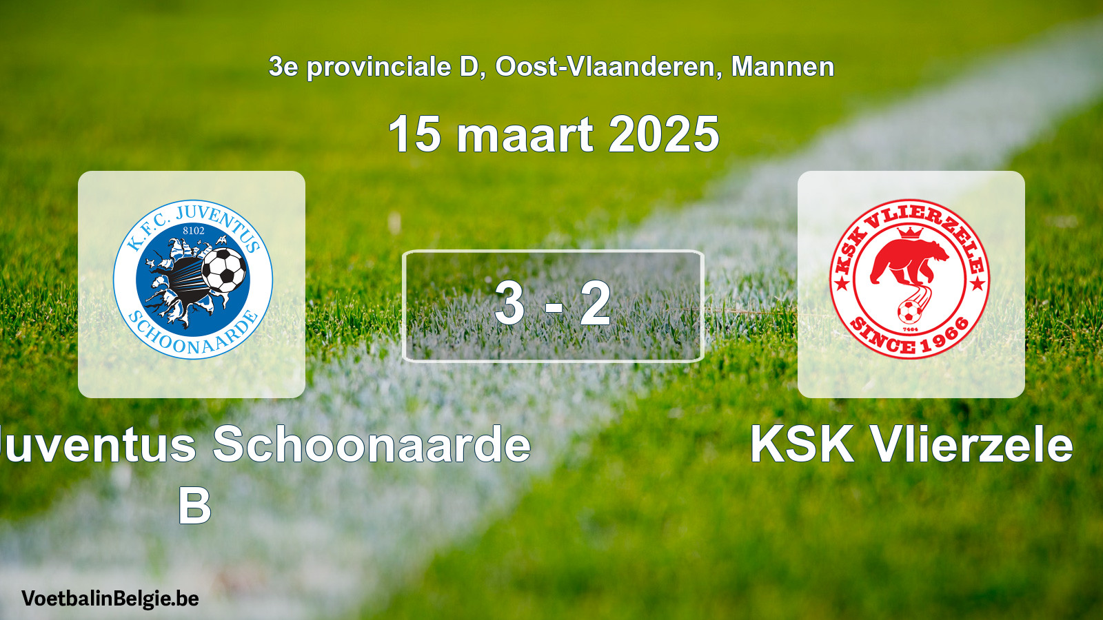 Gespeelde wedstrijd mannenvoetbal: KFC Juventus Schoonaarde B - KSK Vlierzele 3 - 2 (15 maart 2025)