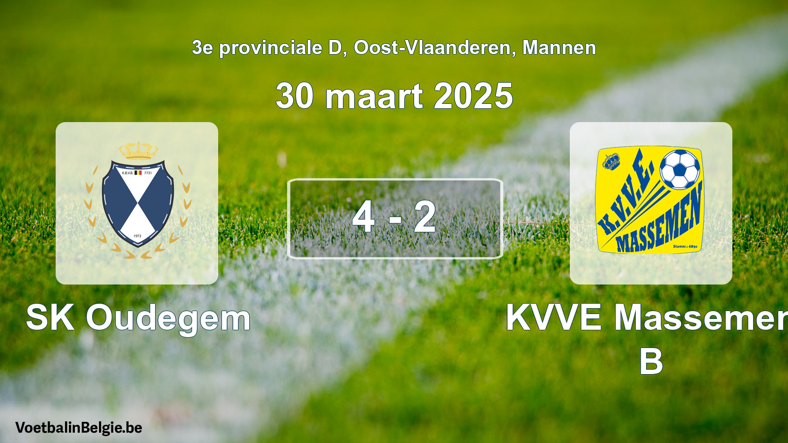 Gespeelde wedstrijd mannenvoetbal: SK Oudegem - KVVE Massemen B 4 - 2 (30 maart 2025)
