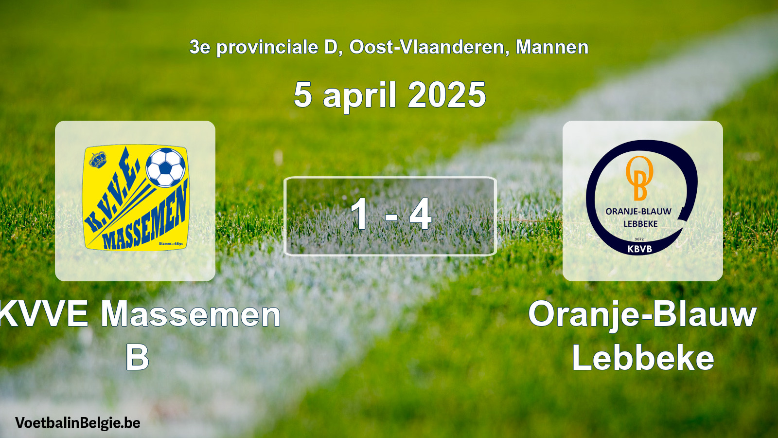 Gespeelde wedstrijd mannenvoetbal: KVVE Massemen B - Oranje-Blauw Lebbeke 1 - 4 (5 april 2025)