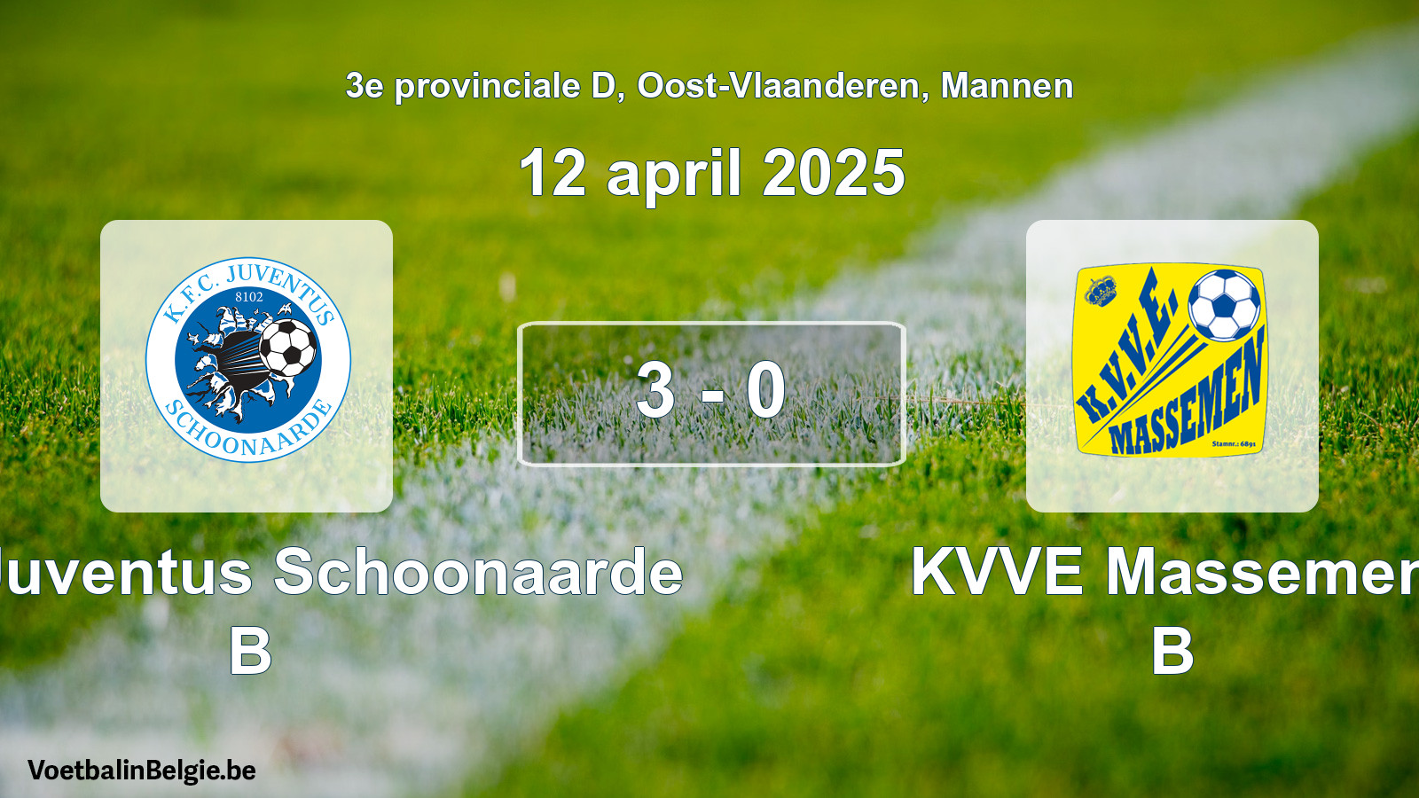 Gespeelde wedstrijd mannenvoetbal: KFC Juventus Schoonaarde B - KVVE Massemen B 3 - 0 (12 april 2025)