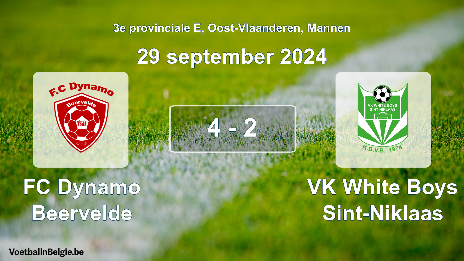 Gespeelde wedstrijd mannenvoetbal: FC Dynamo Beervelde - VK White Boys Sint-Niklaas 4 - 2 (29 september 2024)
