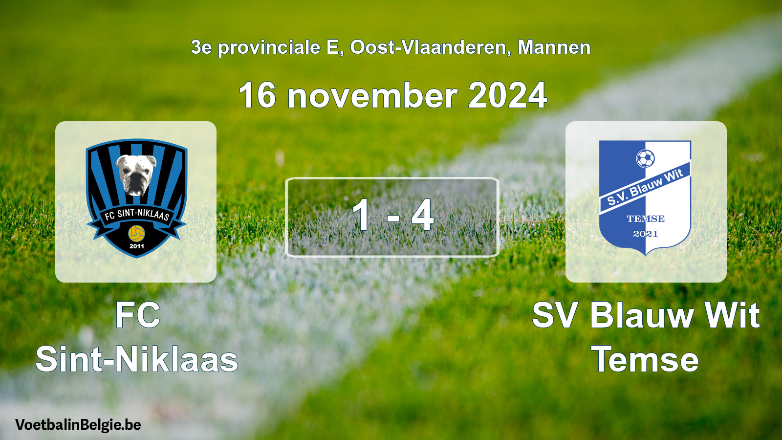 Gespeelde wedstrijd mannenvoetbal: FC Sint-Niklaas - SV Blauw Wit Temse 1 - 4 (16 november 2024)