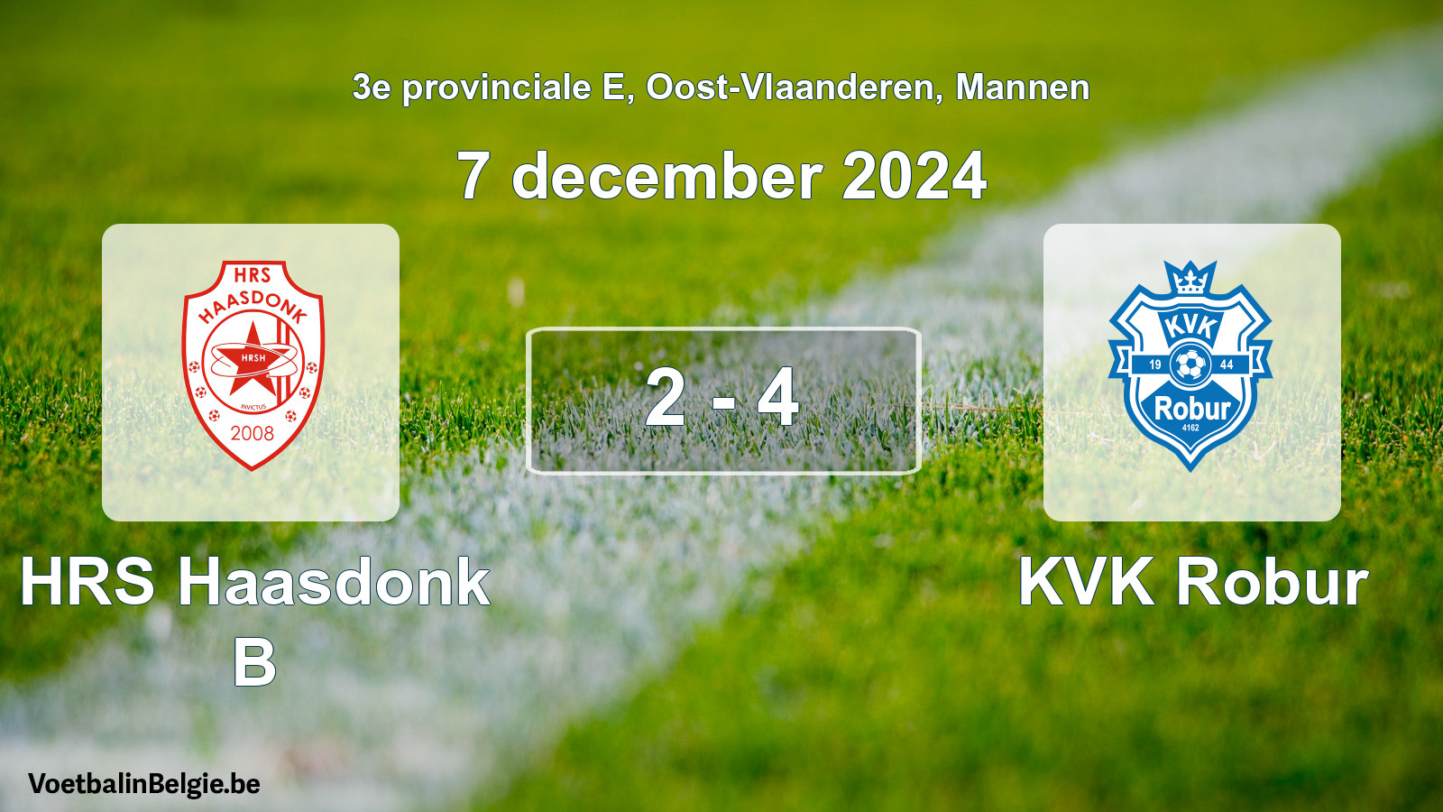 Gespeelde wedstrijd mannenvoetbal: HRS Haasdonk B - KVK Robur 2 - 4 (7 december 2024)
