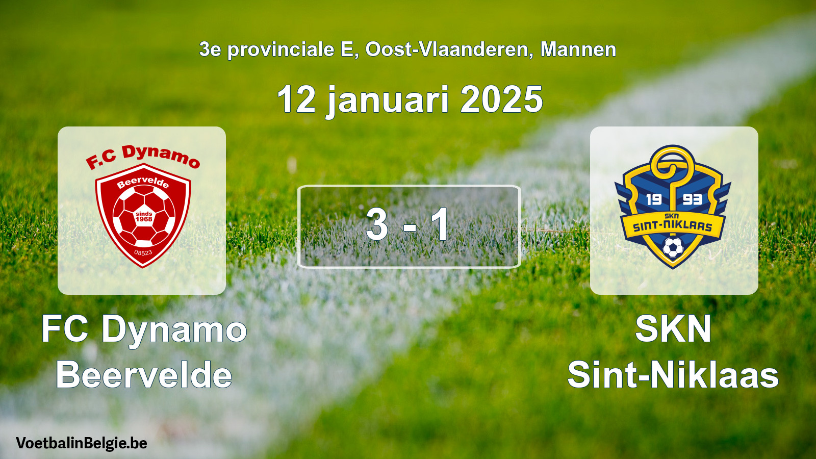 Gespeelde wedstrijd mannenvoetbal: FC Dynamo Beervelde - SKN Sint-Niklaas 3 - 1 (12 januari 2025)