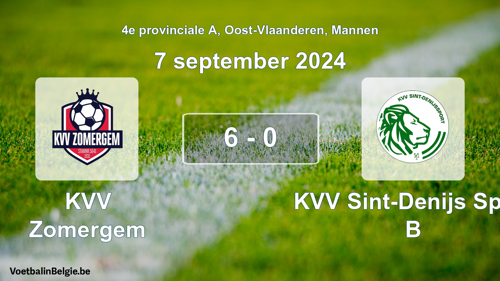 Gespeelde wedstrijd mannenvoetbal: KVV Zomergem - KVV Sint-Denijs Sport B 6 - 0 (7 september 2024)