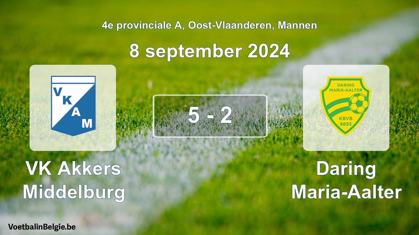 Gespeelde wedstrijd mannenvoetbal: VK Akkers Middelburg - Daring Maria-Aalter 5 - 2 (8 september 2024)