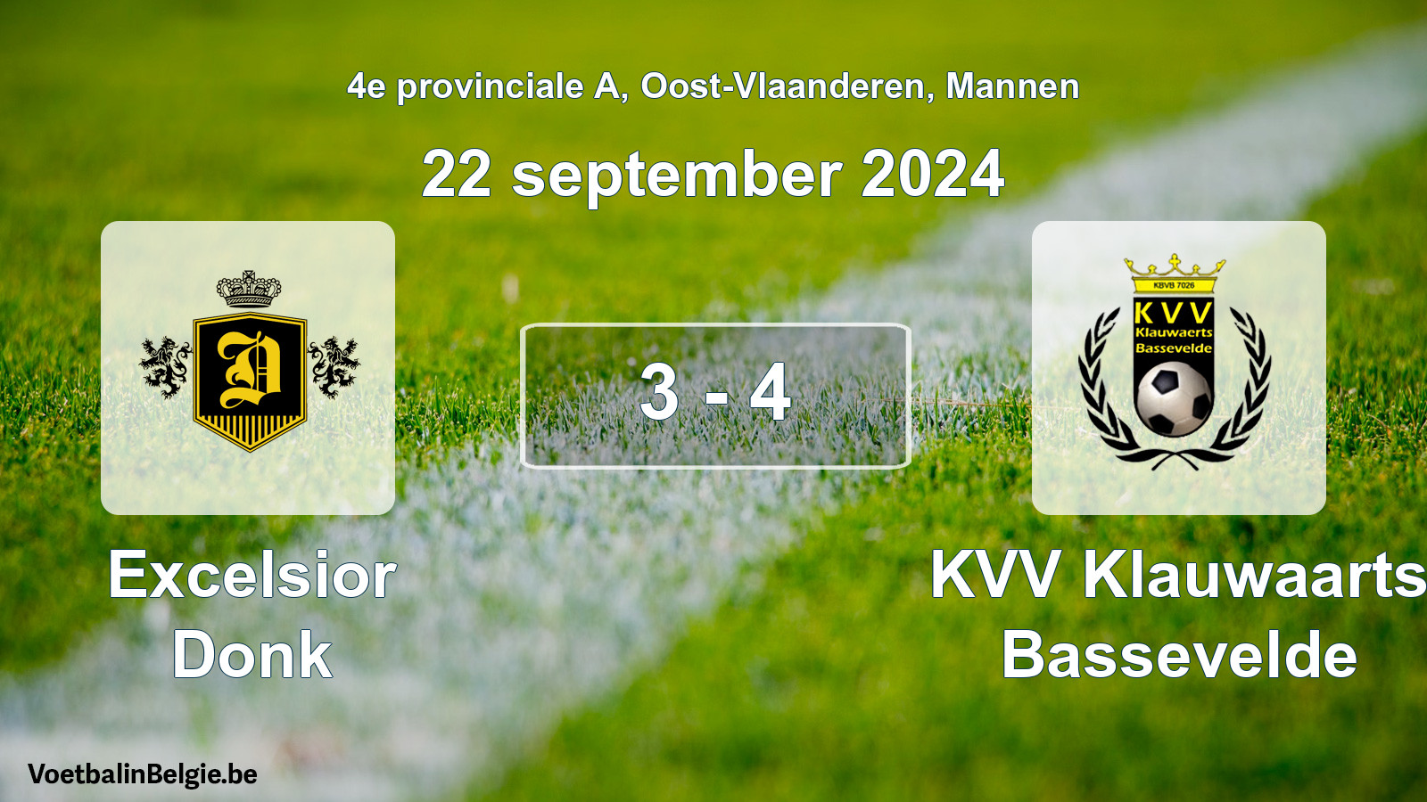Gespeelde wedstrijd mannenvoetbal: Excelsior Donk - KVV Klauwaarts Bassevelde 3 - 4 (22 september 2024)
