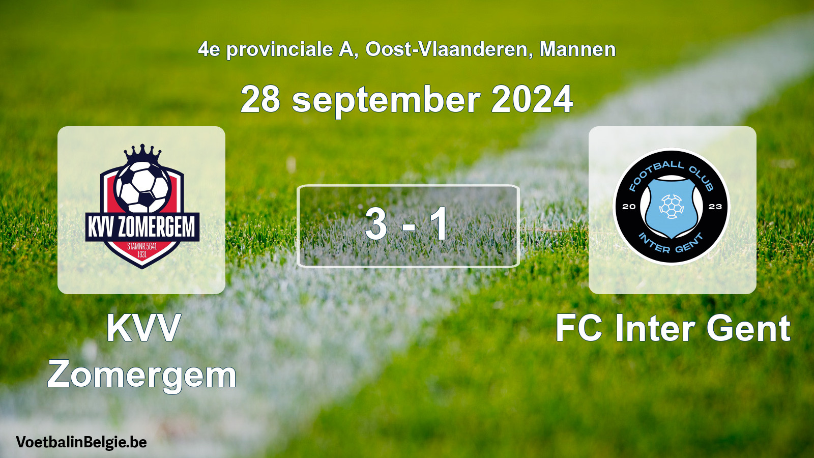 Gespeelde wedstrijd mannenvoetbal: KVV Zomergem - FC Inter Gent 3 - 1 (28 september 2024)