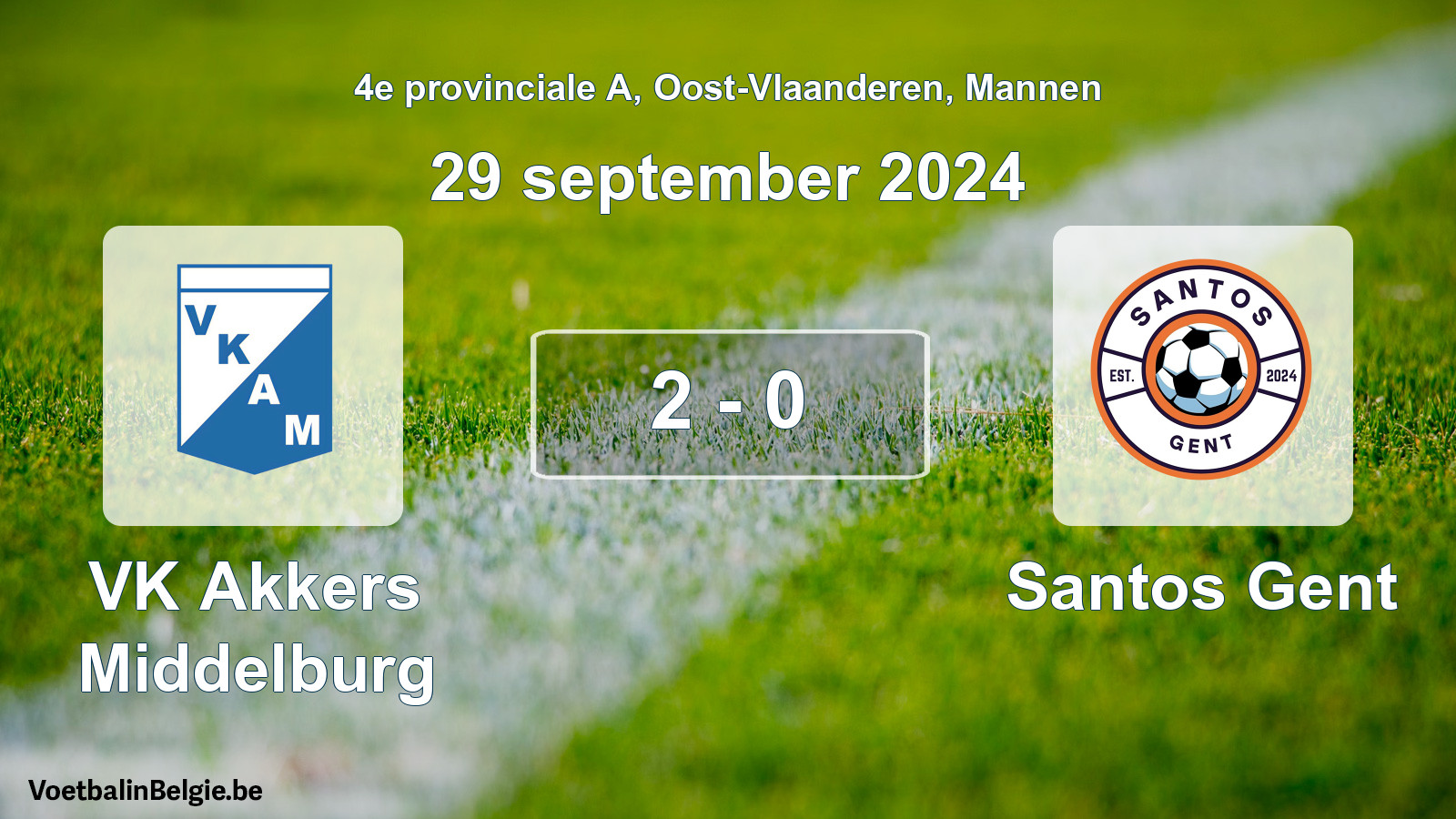 Gespeelde wedstrijd mannenvoetbal: VK Akkers Middelburg - Santos Gent 2 - 0 (29 september 2024)