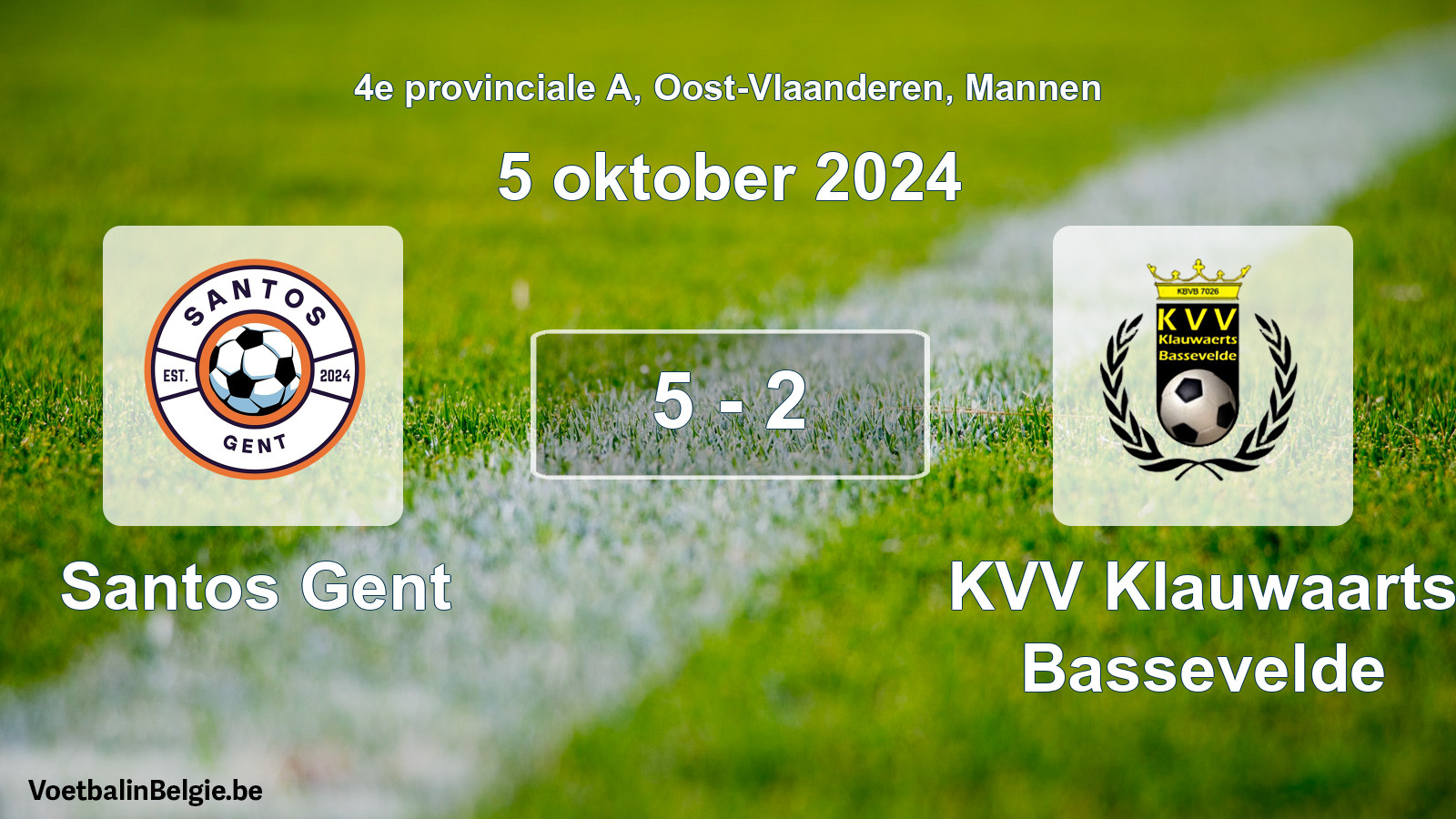 Gespeelde wedstrijd mannenvoetbal: Santos Gent - KVV Klauwaarts Bassevelde 5 - 2 (5 oktober 2024)