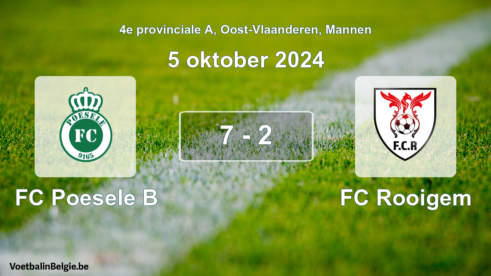 Gespeelde wedstrijd mannenvoetbal: FC Poesele B - FC Rooigem 7 - 2 (5 oktober 2024)