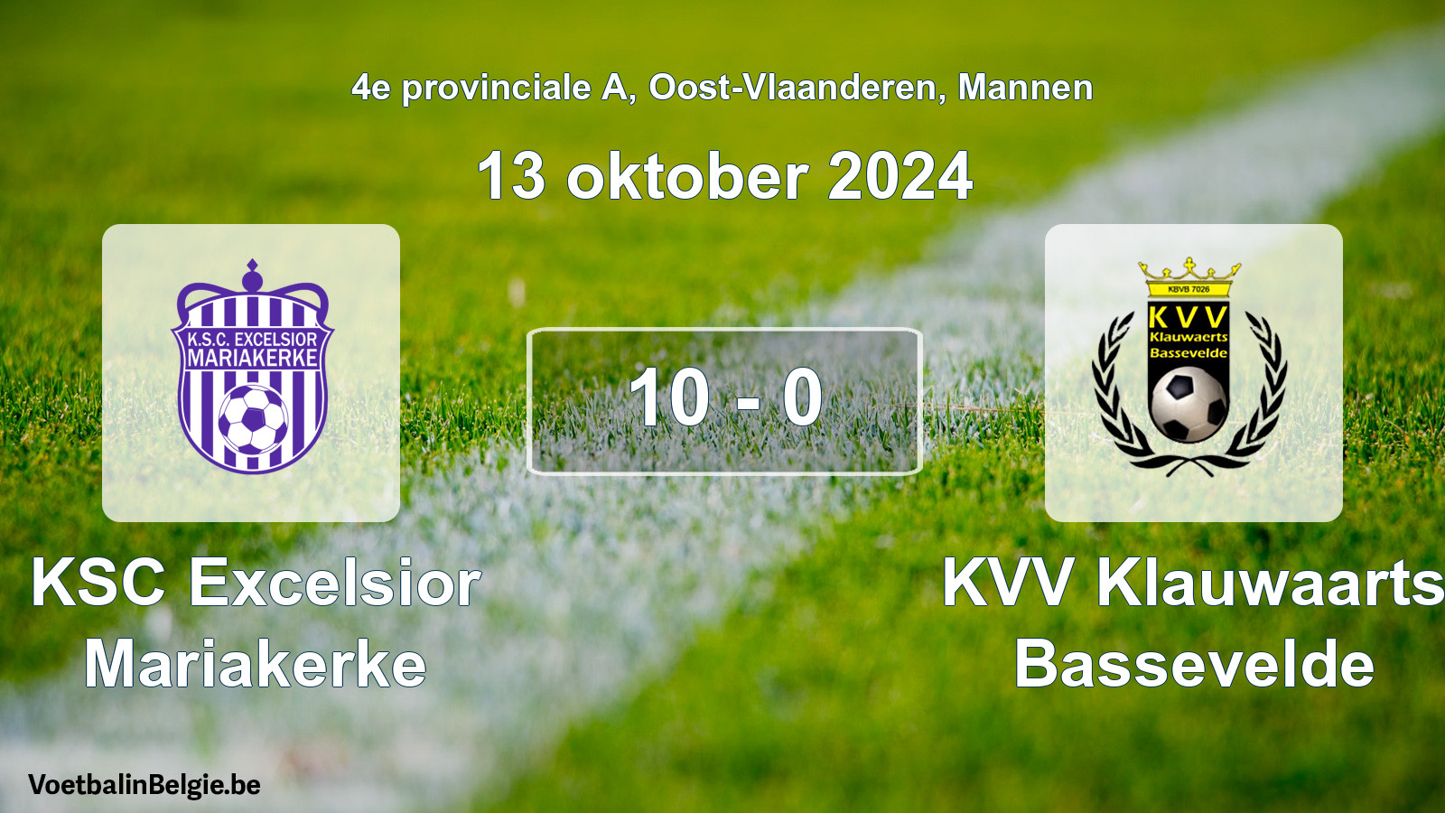 Gespeelde wedstrijd mannenvoetbal: KSC Excelsior Mariakerke - KVV Klauwaarts Bassevelde 10 - 0 (13 oktober 2024)
