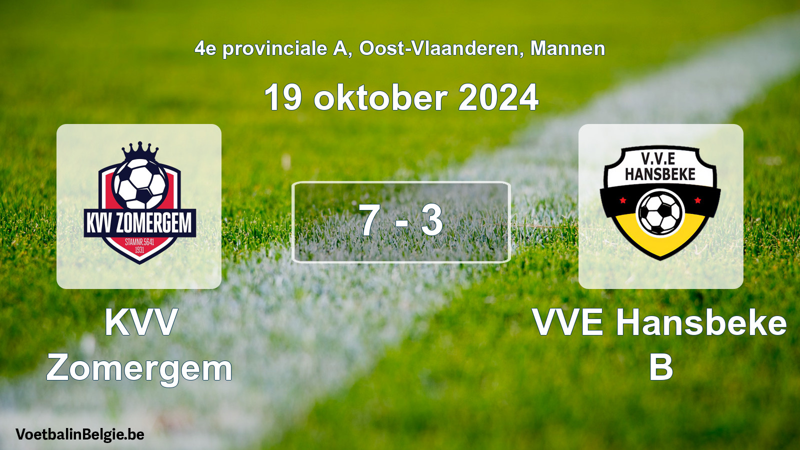 Gespeelde wedstrijd mannenvoetbal: KVV Zomergem - VVE Hansbeke B 7 - 3 (19 oktober 2024)