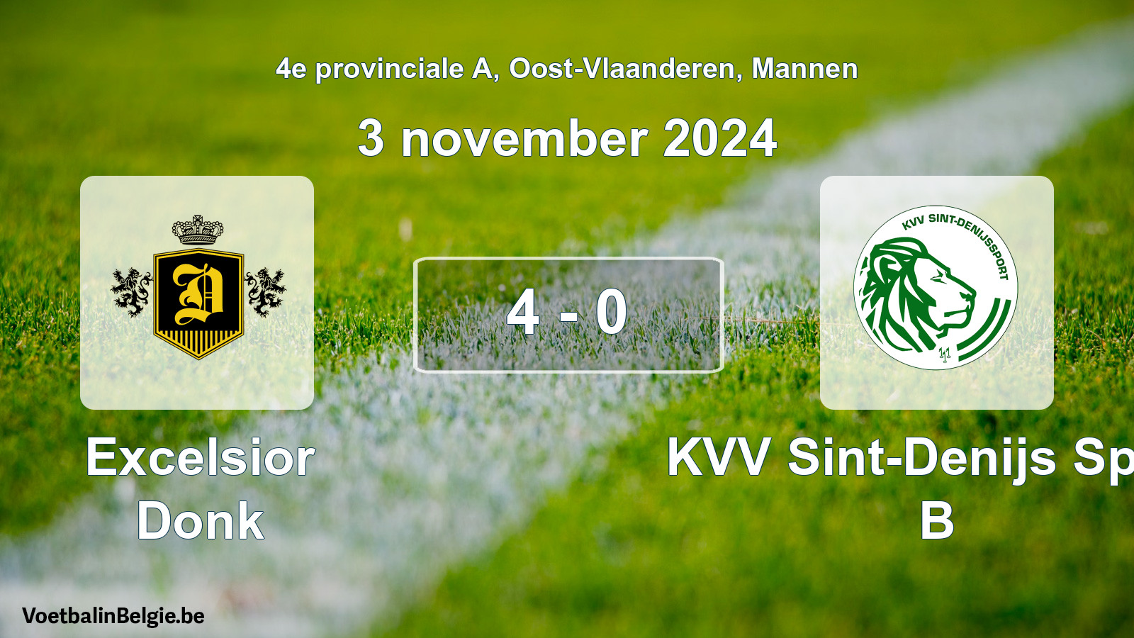 Gespeelde wedstrijd mannenvoetbal: Excelsior Donk - KVV Sint-Denijs Sport B 4 - 0 (3 november 2024)