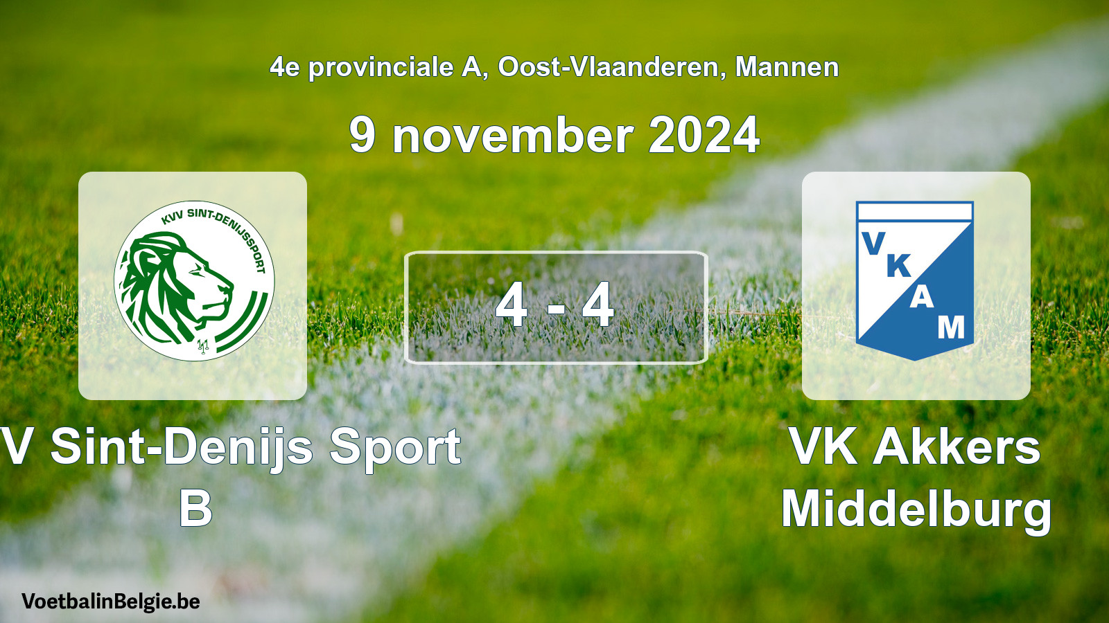Gespeelde wedstrijd mannenvoetbal: KVV Sint-Denijs Sport B - VK Akkers Middelburg 4 - 4 (9 november 2024)