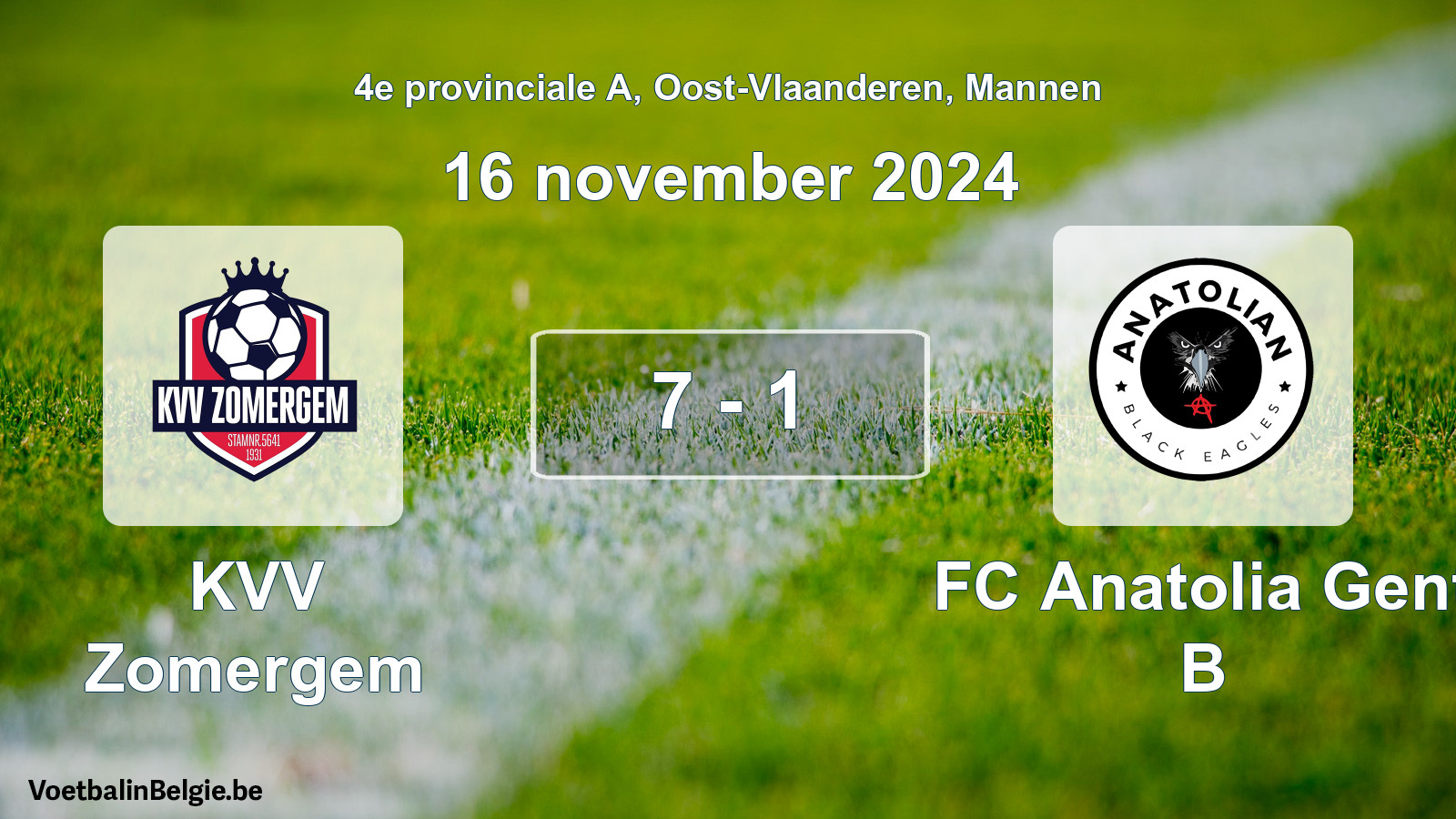 Gespeelde wedstrijd mannenvoetbal: KVV Zomergem - FC Anatolia Gent B 7 - 1 (16 november 2024)