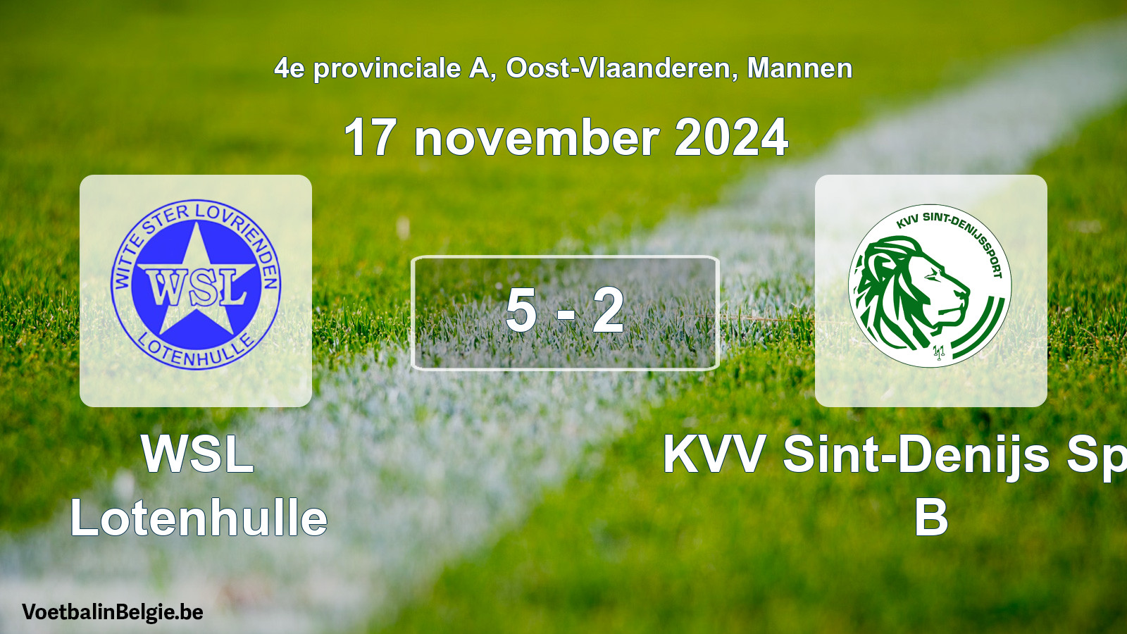 Gespeelde wedstrijd mannenvoetbal: WSL Lotenhulle - KVV Sint-Denijs Sport B 5 - 2 (17 november 2024)