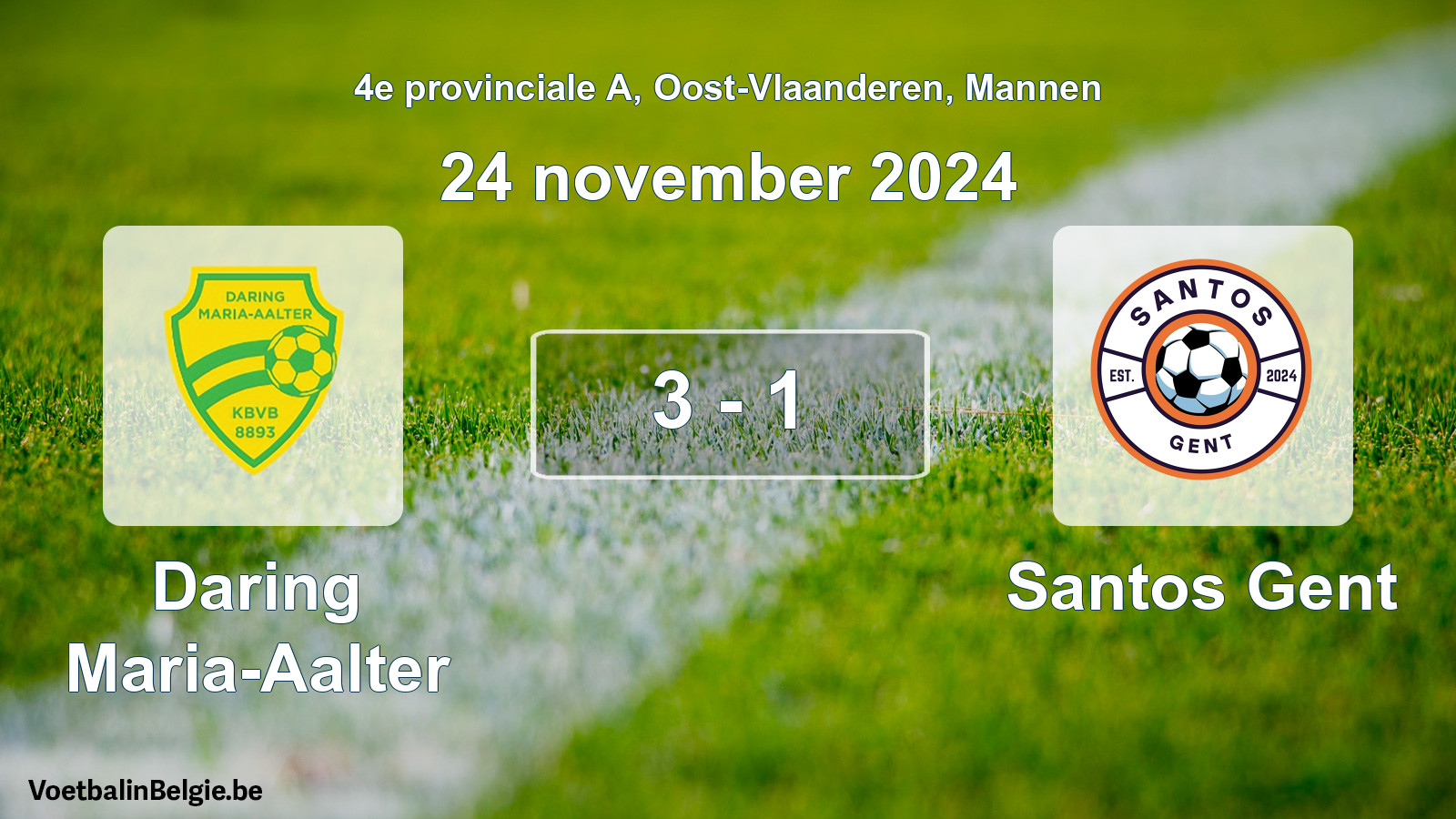 Gespeelde wedstrijd mannenvoetbal: Daring Maria-Aalter - Santos Gent 3 - 1 (24 november 2024)