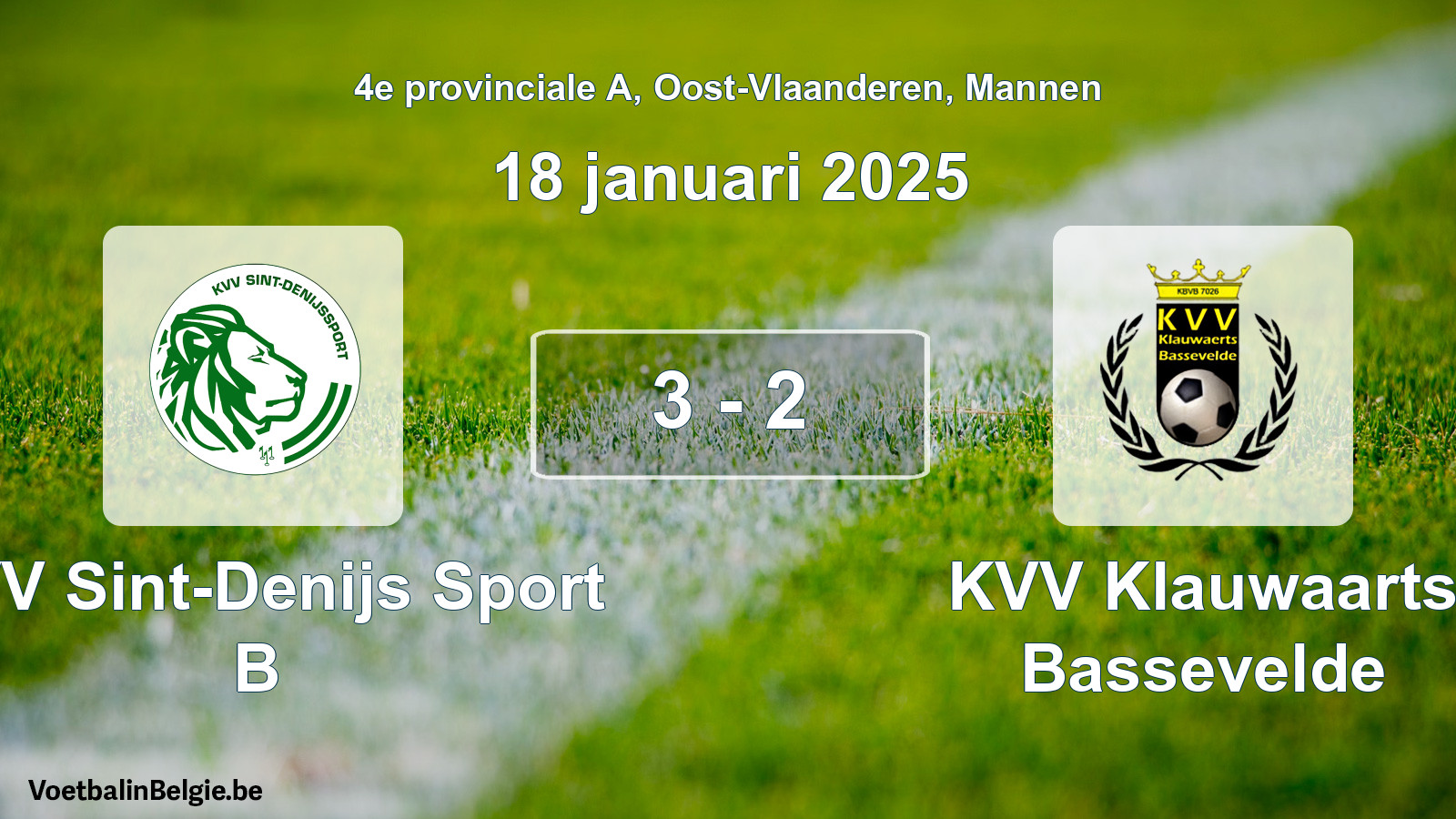 Gespeelde wedstrijd mannenvoetbal: KVV Sint-Denijs Sport B - KVV Klauwaarts Bassevelde 3 - 2 (18 januari 2025)