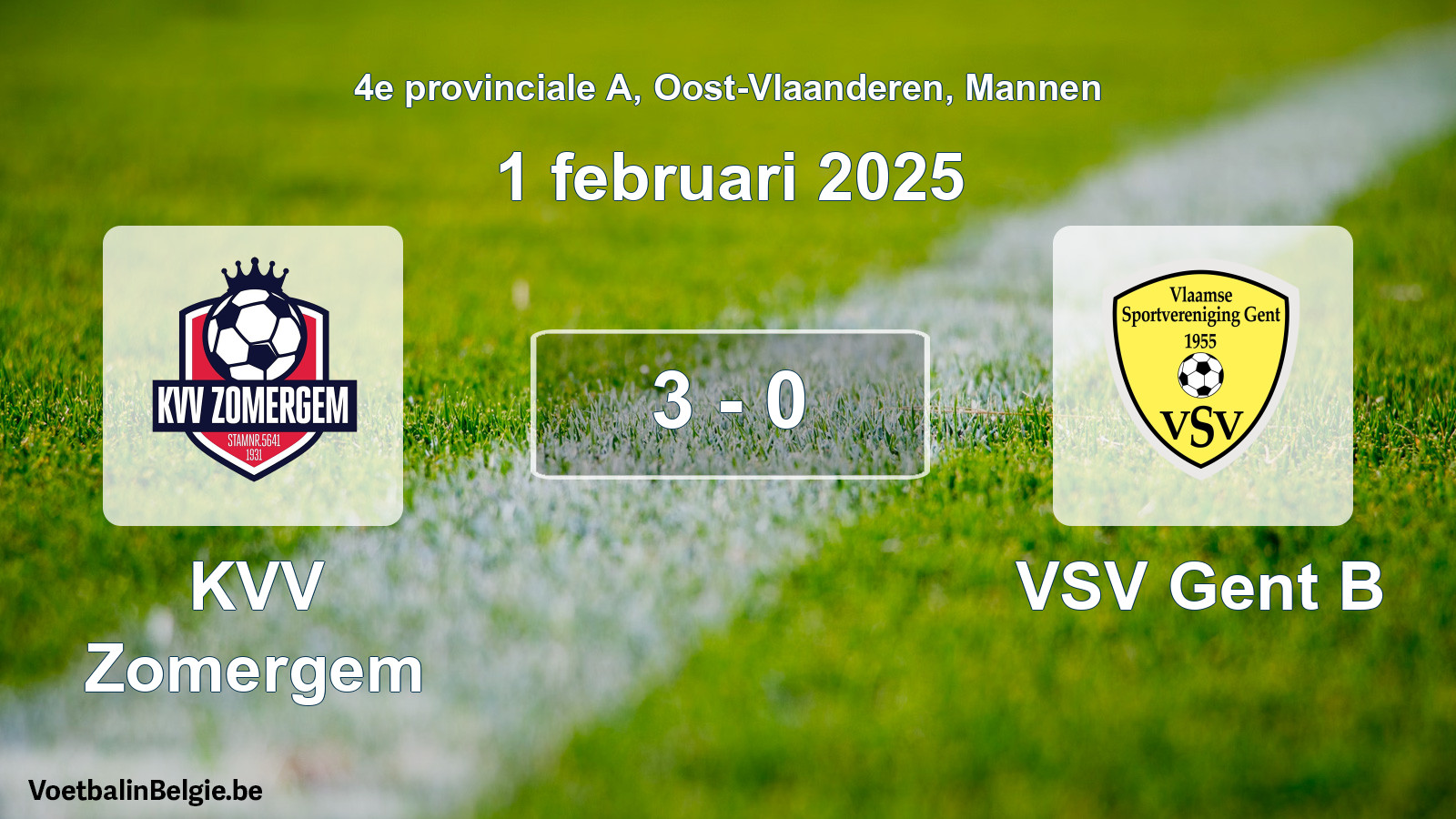 Gespeelde wedstrijd mannenvoetbal: KVV Zomergem - VSV Gent B 3 - 0 (1 februari 2025)