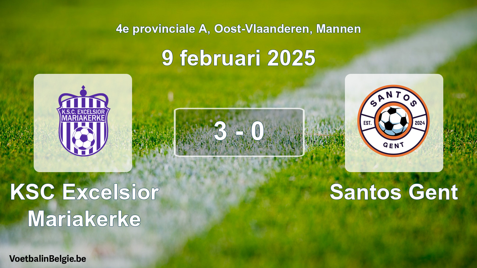 Gespeelde wedstrijd mannenvoetbal: KSC Excelsior Mariakerke - Santos Gent 3 - 0 (9 februari 2025)