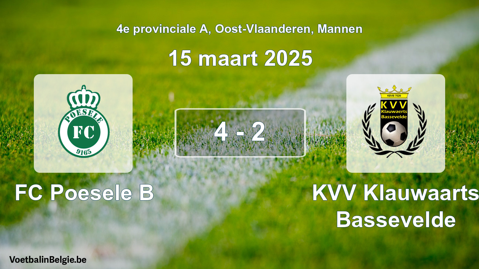 Gespeelde wedstrijd mannenvoetbal: FC Poesele B - KVV Klauwaarts Bassevelde 4 - 2 (15 maart 2025)