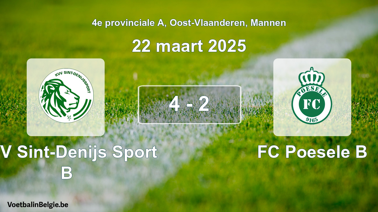Gespeelde wedstrijd mannenvoetbal: KVV Sint-Denijs Sport B - FC Poesele B 4 - 2 (22 maart 2025)