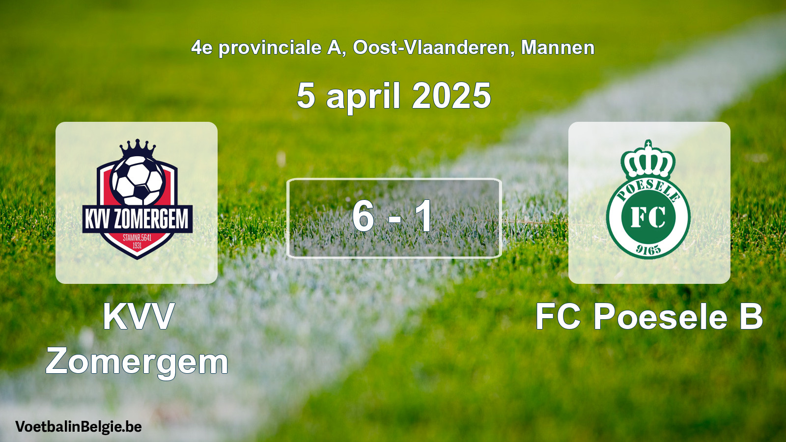 Gespeelde wedstrijd mannenvoetbal: KVV Zomergem - FC Poesele B 6 - 1 (5 april 2025)