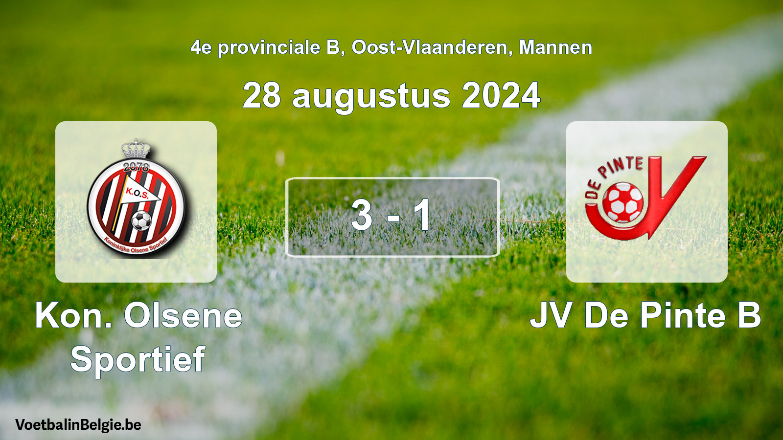 Gespeelde wedstrijd mannenvoetbal: Kon. Olsene Sportief - JV De Pinte B 3 - 1 (28 augustus 2024)