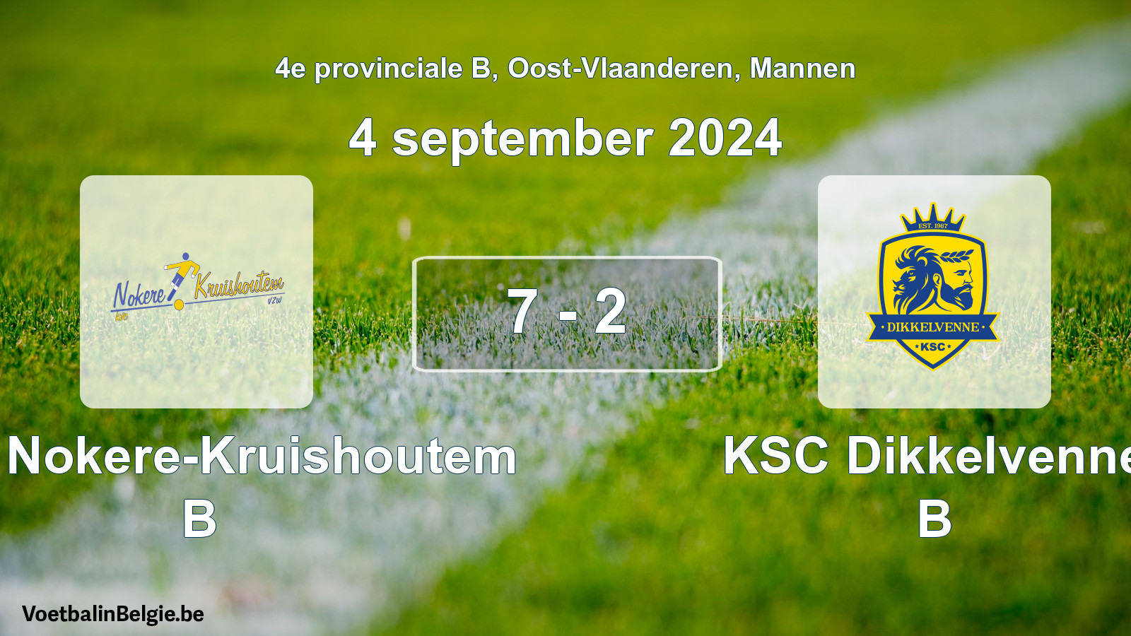 Gespeelde wedstrijd mannenvoetbal: KVC Nokere-Kruishoutem B - KSC Dikkelvenne B 7 - 2 (4 september 2024)