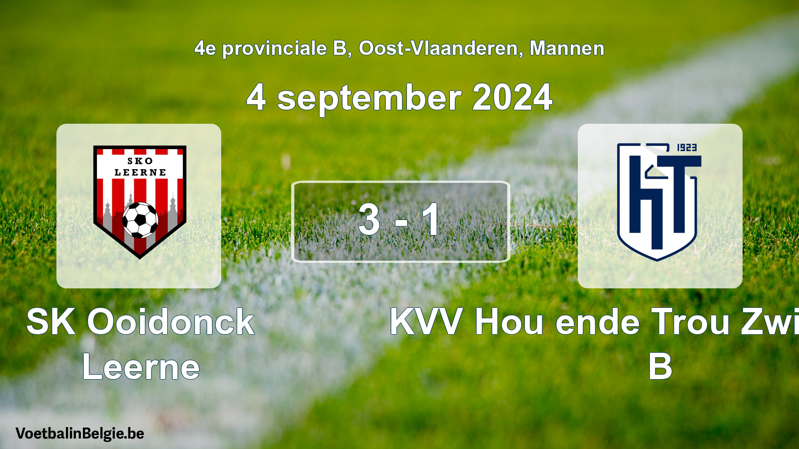 Gespeelde wedstrijd mannenvoetbal: SK Ooidonck Leerne - KVV Hou ende Trou Zwijnaarde B 3 - 1 (4 september 2024)