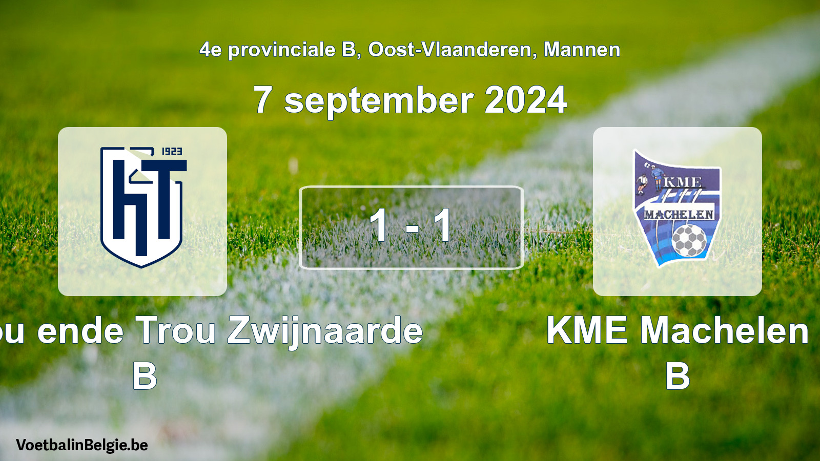 Gespeelde wedstrijd mannenvoetbal: KVV Hou ende Trou Zwijnaarde B - KME Machelen B 1 - 1 (7 september 2024)