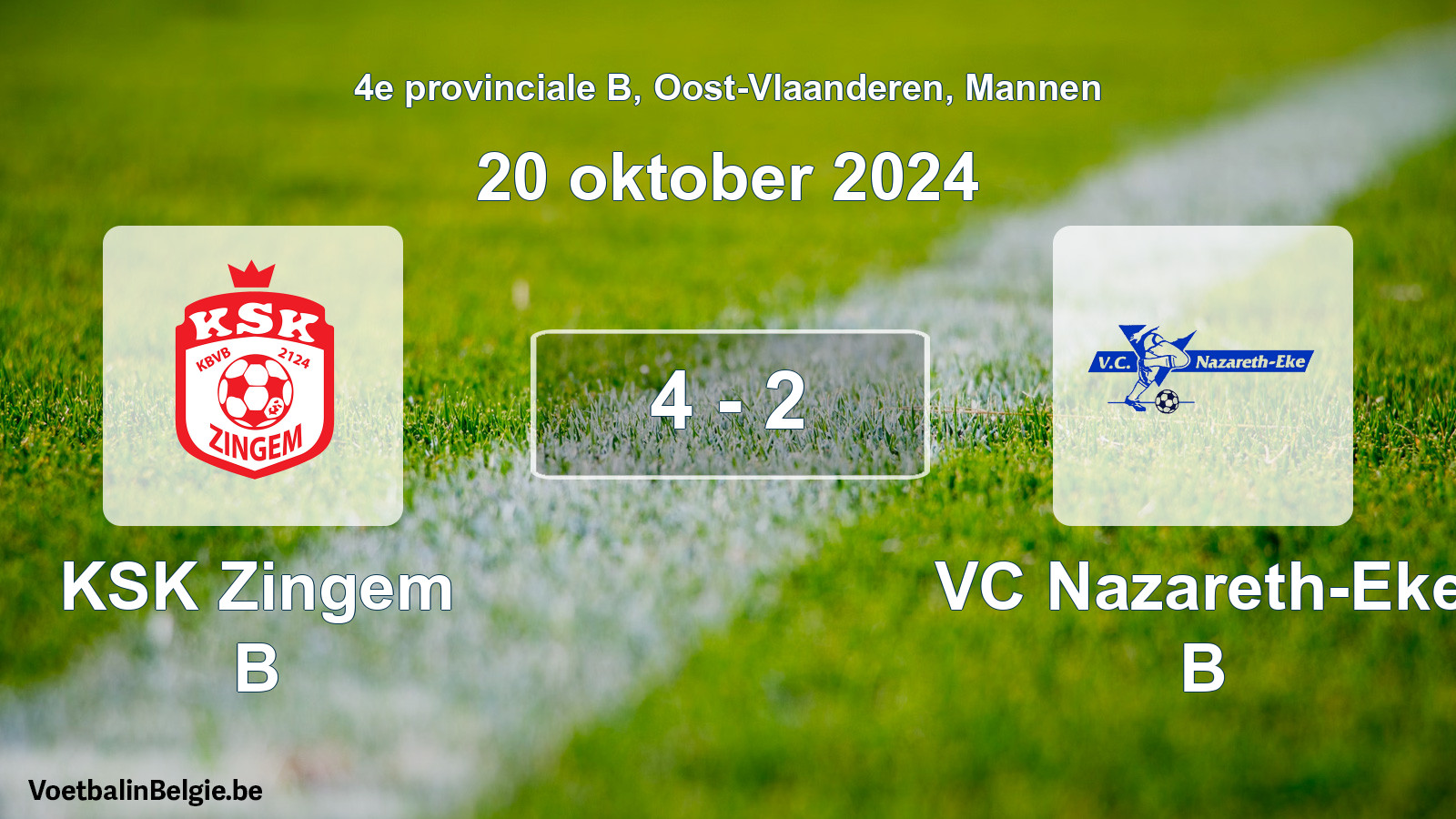 Gespeelde wedstrijd mannenvoetbal: KSK Zingem B - VC Nazareth-Eke B 4 - 2 (20 oktober 2024)