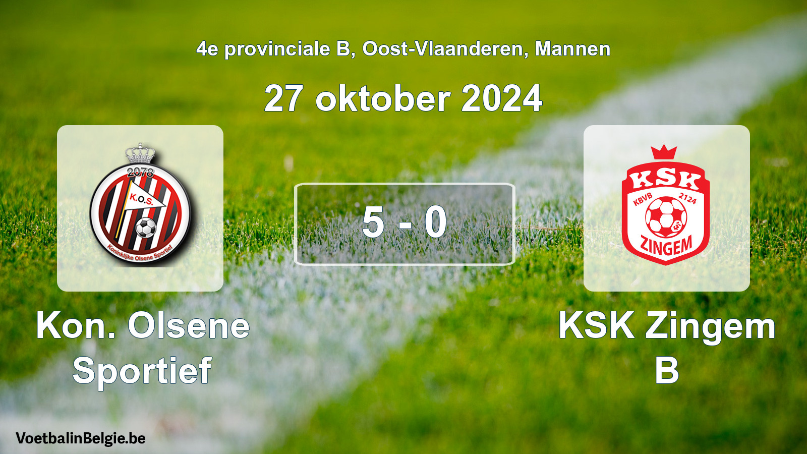 Gespeelde wedstrijd mannenvoetbal: Kon. Olsene Sportief - KSK Zingem B 5 - 0 (27 oktober 2024)