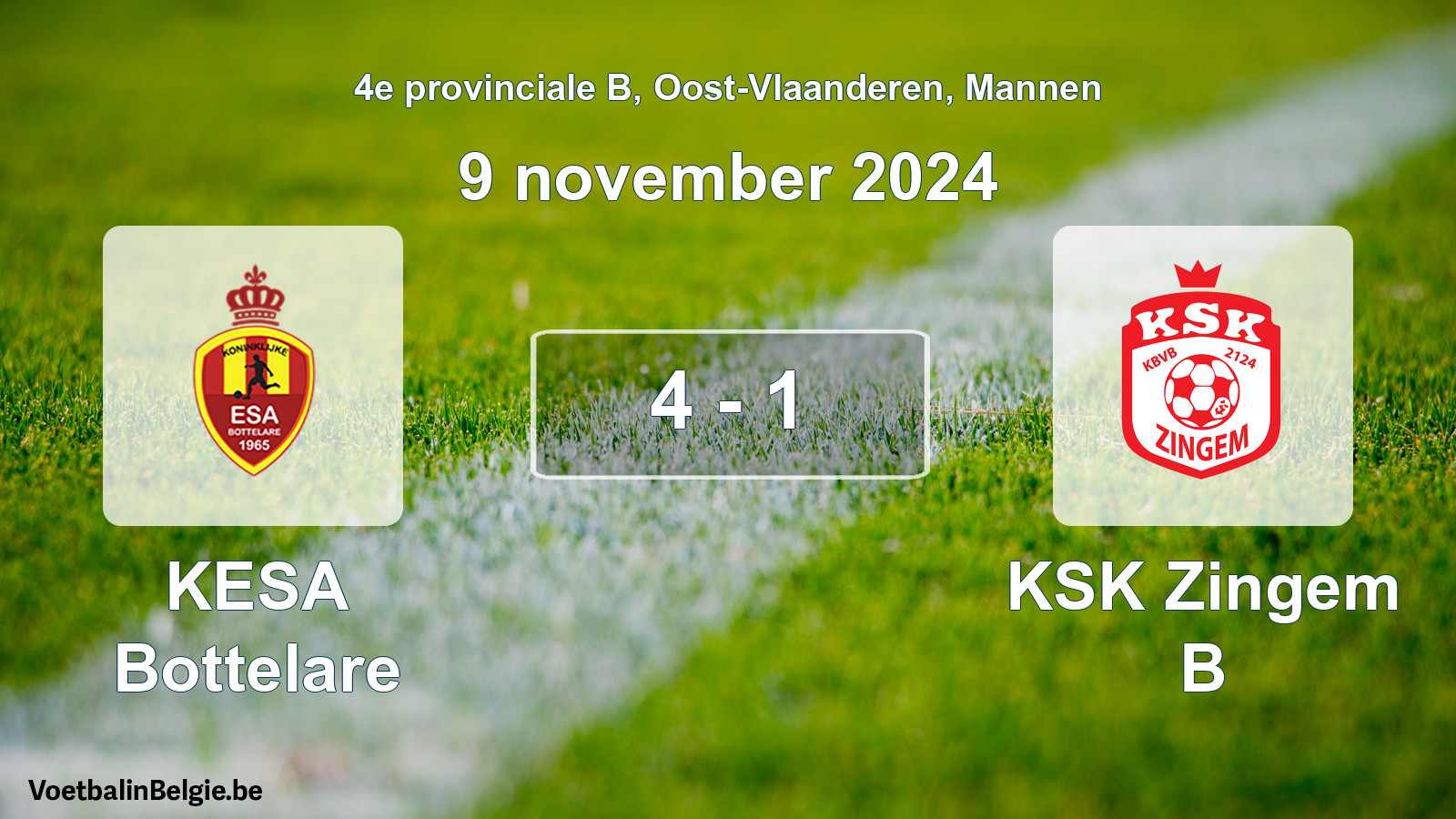Gespeelde wedstrijd mannenvoetbal: KESA Bottelare - KSK Zingem B 4 - 1 (9 november 2024)