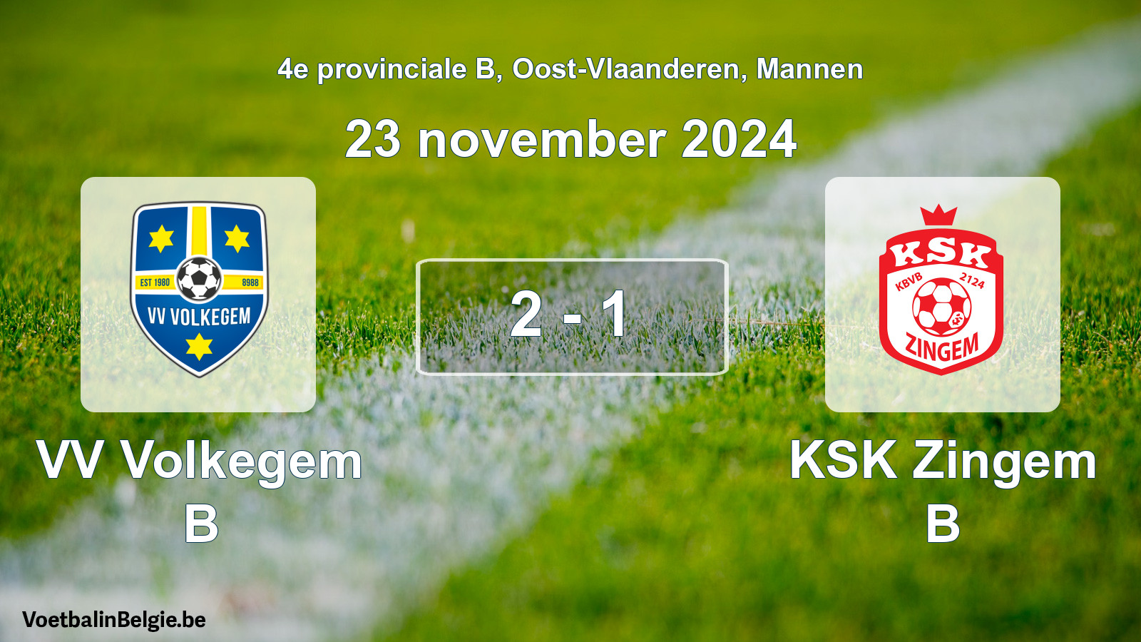 Gespeelde wedstrijd mannenvoetbal: VV Volkegem B - KSK Zingem B 2 - 1 (23 november 2024)
