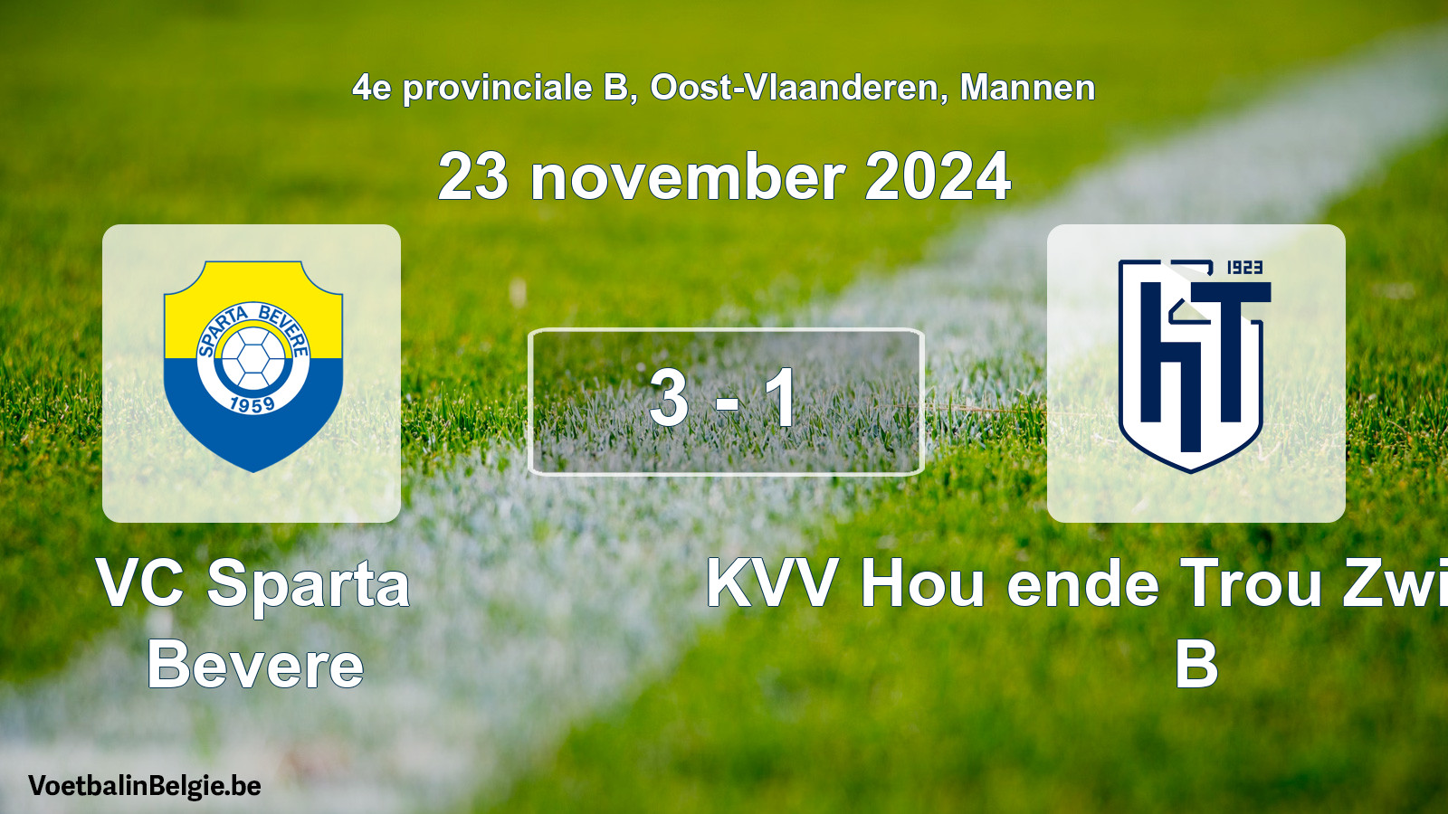 Gespeelde wedstrijd mannenvoetbal: VC Sparta Bevere - KVV Hou ende Trou Zwijnaarde B 3 - 1 (23 november 2024)