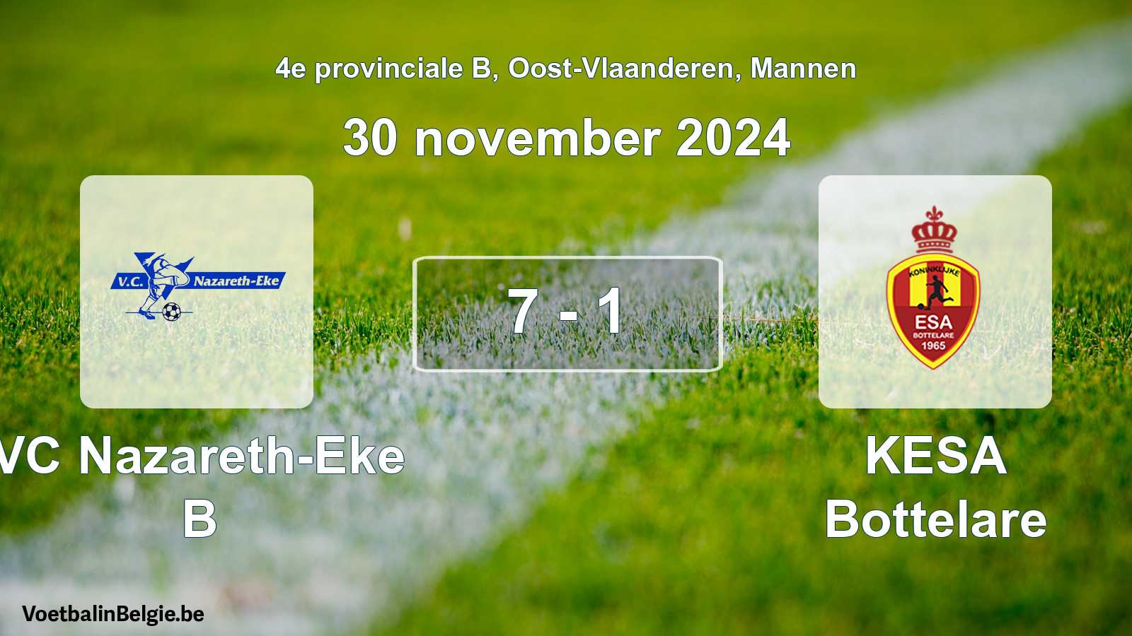 Gespeelde wedstrijd mannenvoetbal: VC Nazareth-Eke B - KESA Bottelare 7 - 1 (30 november 2024)