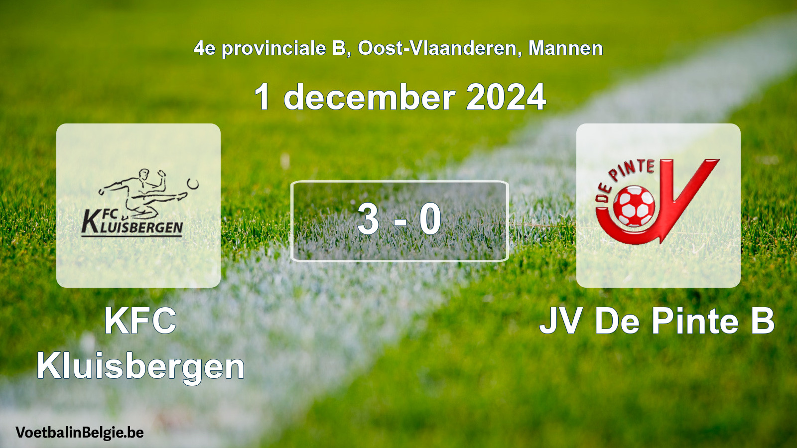 Gespeelde wedstrijd mannenvoetbal: KFC Kluisbergen - JV De Pinte B 3 - 0 (1 december 2024)