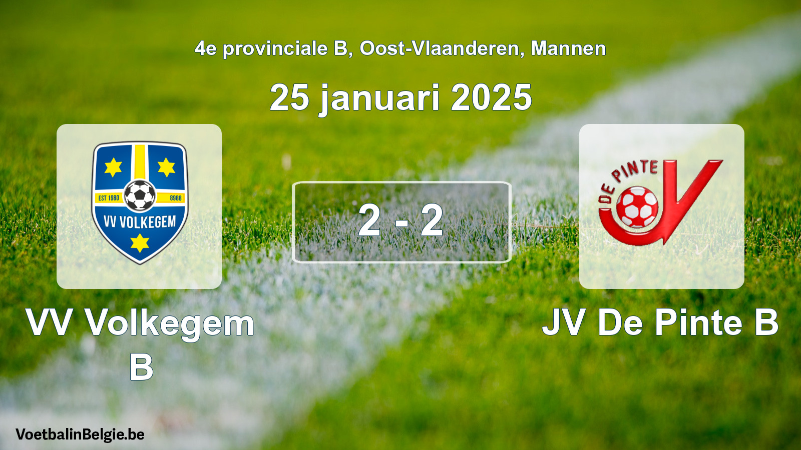 Gespeelde wedstrijd mannenvoetbal: VV Volkegem B - JV De Pinte B 2 - 2 (25 januari 2025)