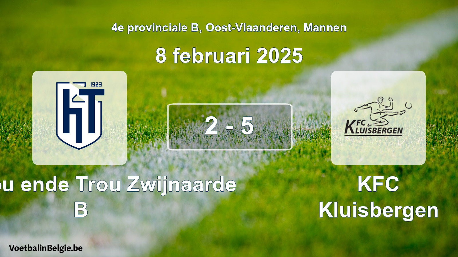 Gespeelde wedstrijd mannenvoetbal: KVV Hou ende Trou Zwijnaarde B - KFC Kluisbergen 2 - 5 (8 februari 2025)