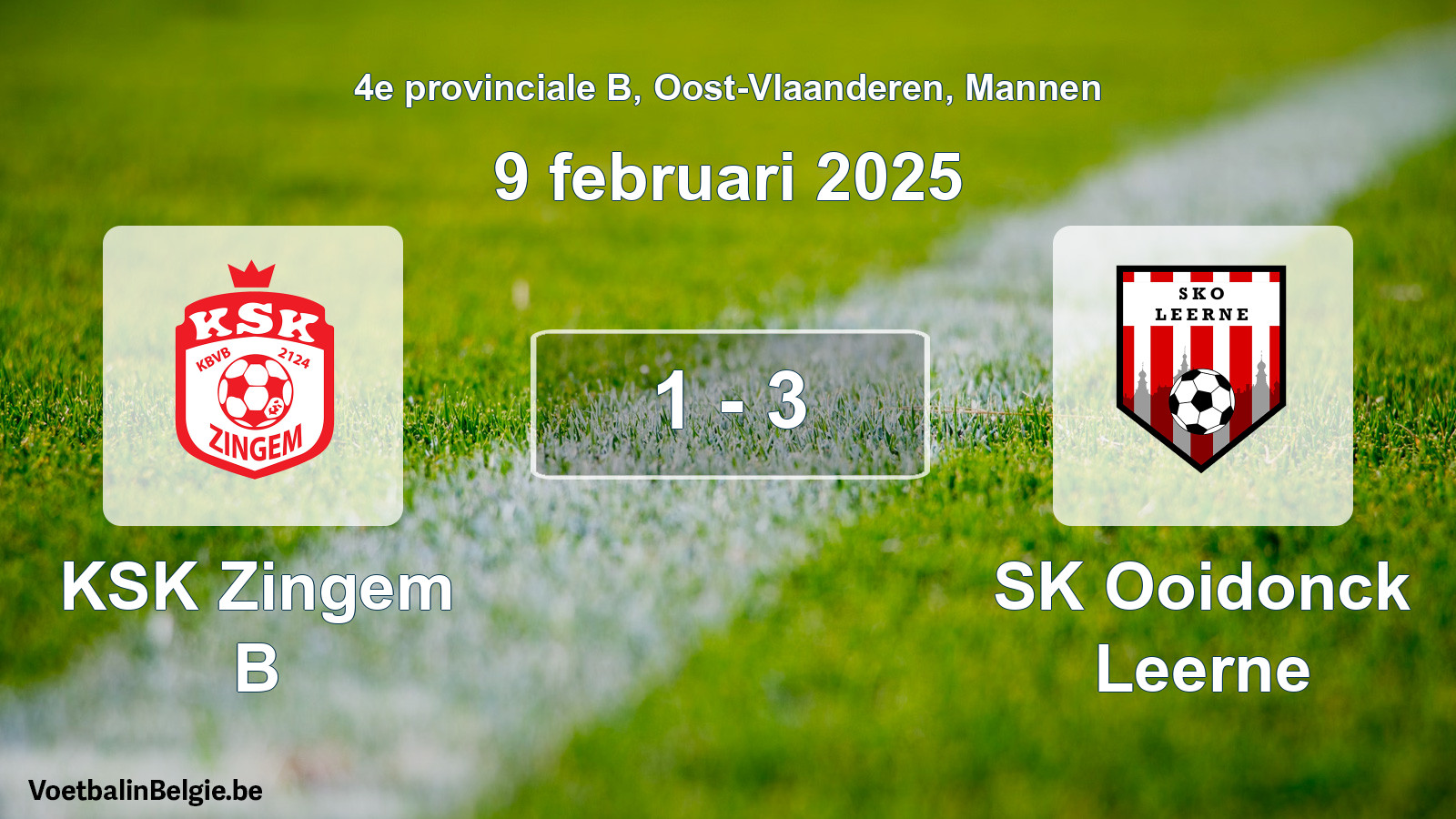 Gespeelde wedstrijd mannenvoetbal: KSK Zingem B - SK Ooidonck Leerne 1 - 3 (9 februari 2025)